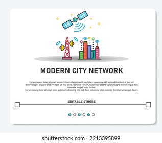 Modern City Network With Satelite Logo Simple Vector Editable Stroke