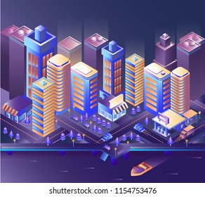 Modern city night isometry vector illustration. Illustration of a night city and a motor boat on the sea. Cityscape 3d background. Skyscrapers at night. Skyline scene. Landscape smart megapolis. 