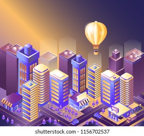 Modern city night isometry vector illustration. Illustration of a balloon flying over the city. Cityscape 3d background. Skyscrapers at night. Skyline scene. Landscape smart megapolis. 