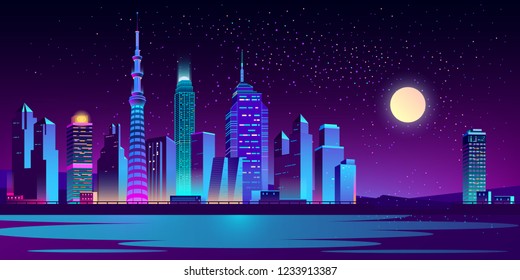 Modern city night landscape cartoon vector with illuminated neon light skyscrapers on riverbank or sea shore illustration. Futuristic cityscape in moon light. Metropolis new district. Urban background