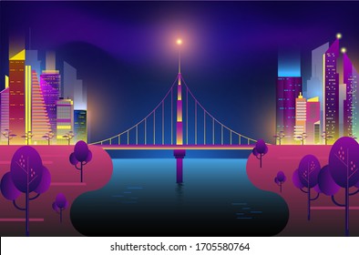 El moderno paisaje nocturno neón color caricatura vectorial