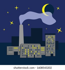 Modern city night landscape. Technology concept vector design. Environment pollution. Night sky.