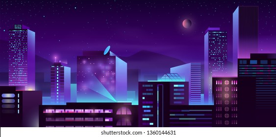 Modern city night skyline with illuminated skyscrapers buildings neon color cartoon vector illustration. Metropolis downtown streets. Urban architecture background with business centers, condominiums