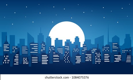 Modern City Night Skyline. Urban landscape. Flat cityscape buildings. City silhouettes website template background with moon