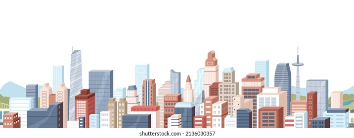 Modern city office buildings panorama. Cityscape border, banner with glass skyscrapers and business towers roofs. Urban landscape of downtown. Flat vector illustration isolated on white background