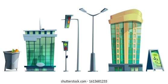 Modern city office buildings, traffic lights, street light, trash bin and advertising banner. Vector cartoon set of elements of cityscape, business architecture isolated on white background