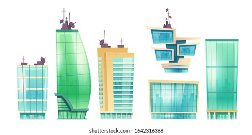 Modern city office buildings. Vector cartoon skyscrapers in town center, contemporary apartment houses for urban landscape. Modern city architecture, glass tower buildings isolated on white background