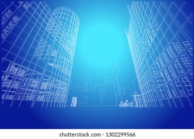 Modern city. Office and industrial buildings, telephone booths, bikes, fire hydrant. Vector.