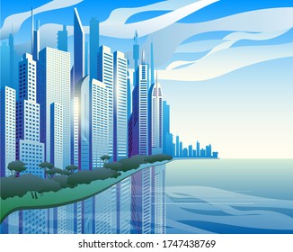 A modern city on the banks of the river. Blue skyscrapers against the clouds. Vector illustration.