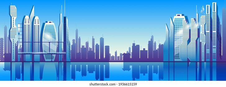 A modern city on the banks of the river. Blue skyscrapers against the clouds. Horizontal banner template.