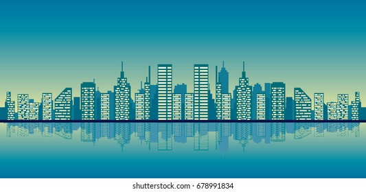Modern city on the beach, city lights and reflection on water
vector skyline and cityscape illustration