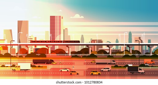 Modern City Over Sunset Background Cityscape With Highway Road And Subway Over Skyscraper Buildings Flat Vector Illustration