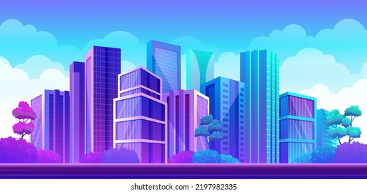 Modern city panorama with bright colorful downtown buildings, office, apartment or school buildings vector illustrations for urban landscape