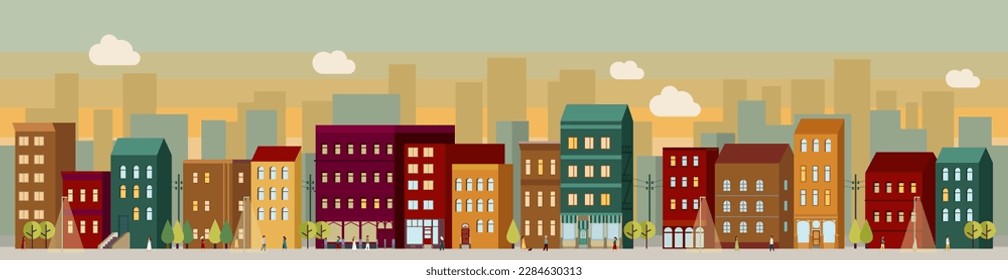 Modern city panorama in the evening. Vector illustration