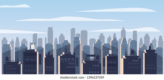 Modern City Panorama With High Skyscrapers Cityscape silhouettes of houses, panorama, horizon. Background Flat Vector Illustration Isolated