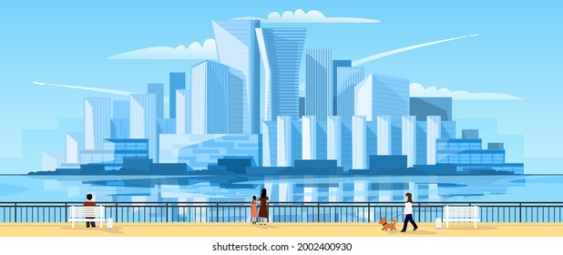 Modern city panorama. people admiring cityscape. Flat cartoon panoramic view. Skyscraper megapolis banner.