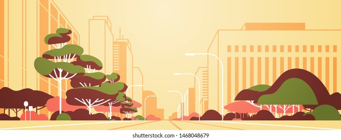 modern city panorama road with street lamps skyscrapers empty nobody urban cityscape background flat horizontal banner