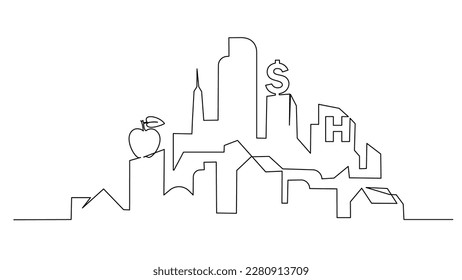 Modern City Panorama with signs of apple Food, dollar Bank, H hospital. Continuous One Line Drawing. Skyscrapers Contour Illustration. City Landscape Minimalist design. Vector EPS 10
