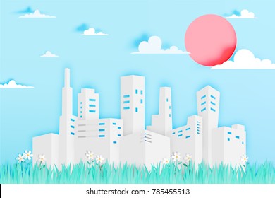 Modern city in paper art style with flower field vector illustration