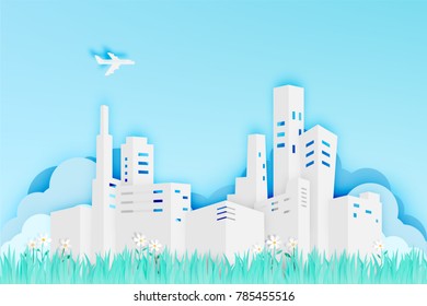 Modern city in paper art style with flower field vector illustration