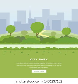 Modern city park vector landing page. Green trees and bushes walkway, skyscrapers cityspace, outdoor leisure on nature public area. Recreational urban park, botanical garden color website homepage