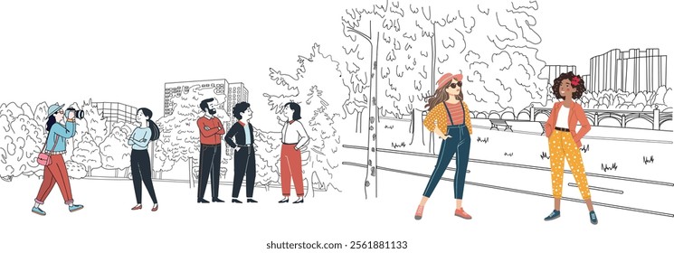 modern city park where people spend their free time meeting with friends for relaxation. The illustration is made in a mixed style of line art and cartoon style. Panoramic vector illustration