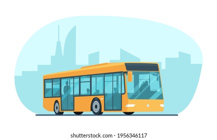 Modern city passenger bus against the background of an abstract cityscape. Vector illustration.