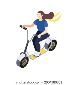 Modern city personal eco transport isometric icon with woman riding electric scooter 3d vector illustration