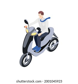 Modern city personal transport icon with man riding scooter 3d isometric vector illustration