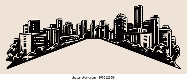 Modern city in perspective view concept in vintage monochrome style isolated vector illustration