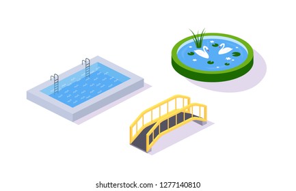 Modern city pond with birds swans, a bridge over the river, a stone pool with stairs. Cultural entertainment buildings, elements of scenery with a lawn, landscape. Isometric vector, city constructor.