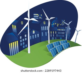 a modern city powered by renewable power resources. Solar panels and wind turbines.