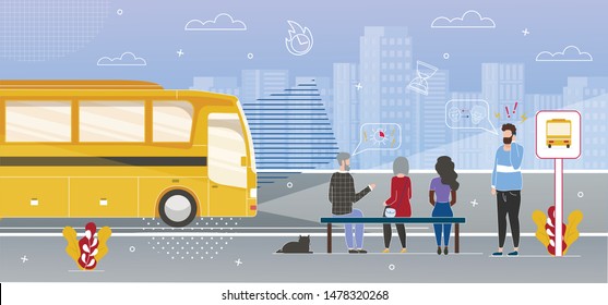 Modern City Public Transport Flat Vector Concept with Female and Male, Multinational Passengers Sitting on Bench, Waiting for Bus, Talking on Phone on Outdoor Bus Stop or Station Platform Illustration