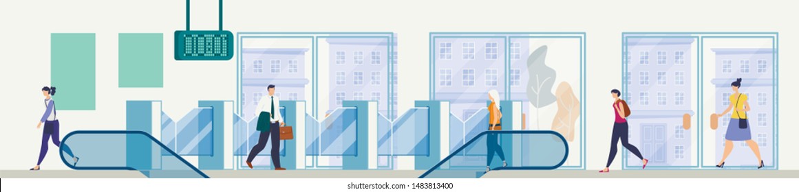 Modern City Public Transport Infrastructure, Metropolis Passengers Transportation Logistics System Element Flat Vector. Men and Women Going Through Subway Station Tourniquets on Escalator Illustration