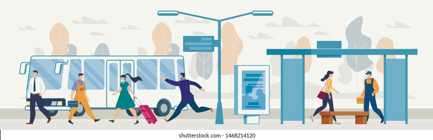 Modern City Public Transport System Flat Vector Concept with People Walking on Sidewalk, Passenger Waiting Bus on Stop, or Station Platform, Man Hurrying, Running Because of Late on Bus Illustration