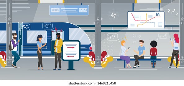 Modern City Rapid Transit System Station Flat Vector Concept with Multinational Passengers, Tourists Talking, Using Cellphones and Waiting for Train on Subway Underground Station Platform Illustration