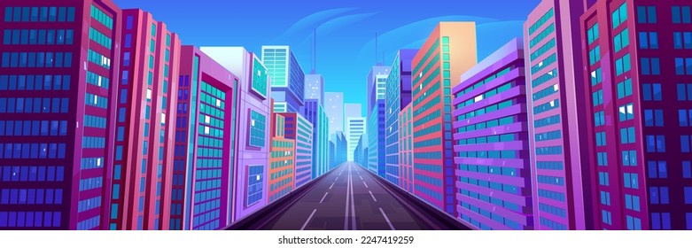 Modern city road perspective. Contemporary vector illustration of urbant street with empty asphalt driveway and high-rise apartment and office buildings under clear blue sky. Cityscape background