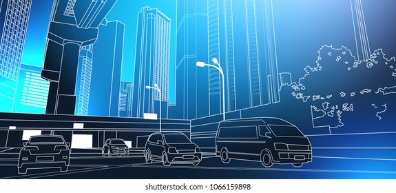 Modern City Road Thin Line Cityscape With High Skyscrapers On Blue Background