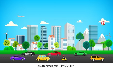 Modern city with road traffic. Cartoon style 3d illustration