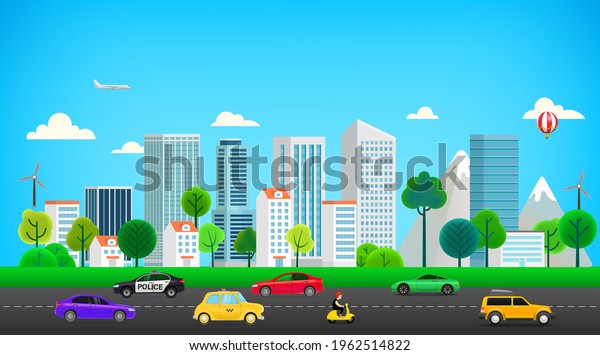 Modern city with road traffic. Cartoon style\
3d illustration
