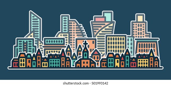 Modern city scape on dark background. Rounded lineart.