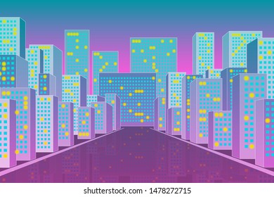 Modern city scape perspective view, street with buildings and a road, night lights, urban trendy background. Stock vector illustration