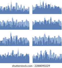 Modern city scape silhouette vector collection. Simple minimalist blue city skyline background. Urban cityscape silhouettes vector illustration.