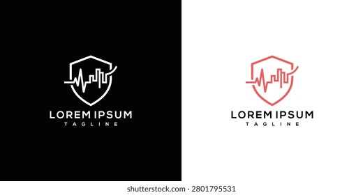 Modern City Shield Logo with Heartbeat Skyline and Growth Chart Design