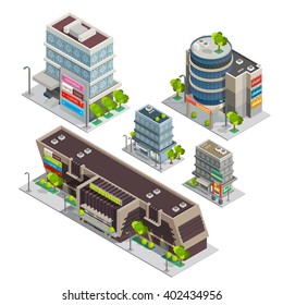 Modern City Shopping Center Complex Isometric Composition With Supermarket And Department Store Buildings Abstract Vector Illustration