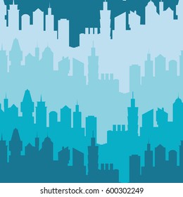 Modern city silhouette seamless pattern. Vector illustration for urban design. Building construction wallpaper. Art town element with skyscraper street panorama. Cityscape pattern set Blue night color