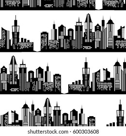 Modern city silhouette seamless pattern. Vector illustration for urban design. Building construction wallpaper. Art town pattern element with skyscraper street panorama. American new york cityscape