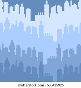 Modern city silhouette seamless pattern. Vector illustration for urban design. Building construction wallpaper. Art town element with skyscraper street panorama. Cityscape pattern set Blue night color