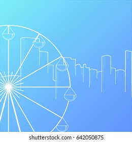Modern city skyline background flat style vector illustration. Buildings cityscape with ferris wheel.