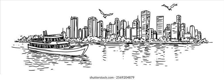 modern city skyline with boat and seagulls on water, hand drawn sketch